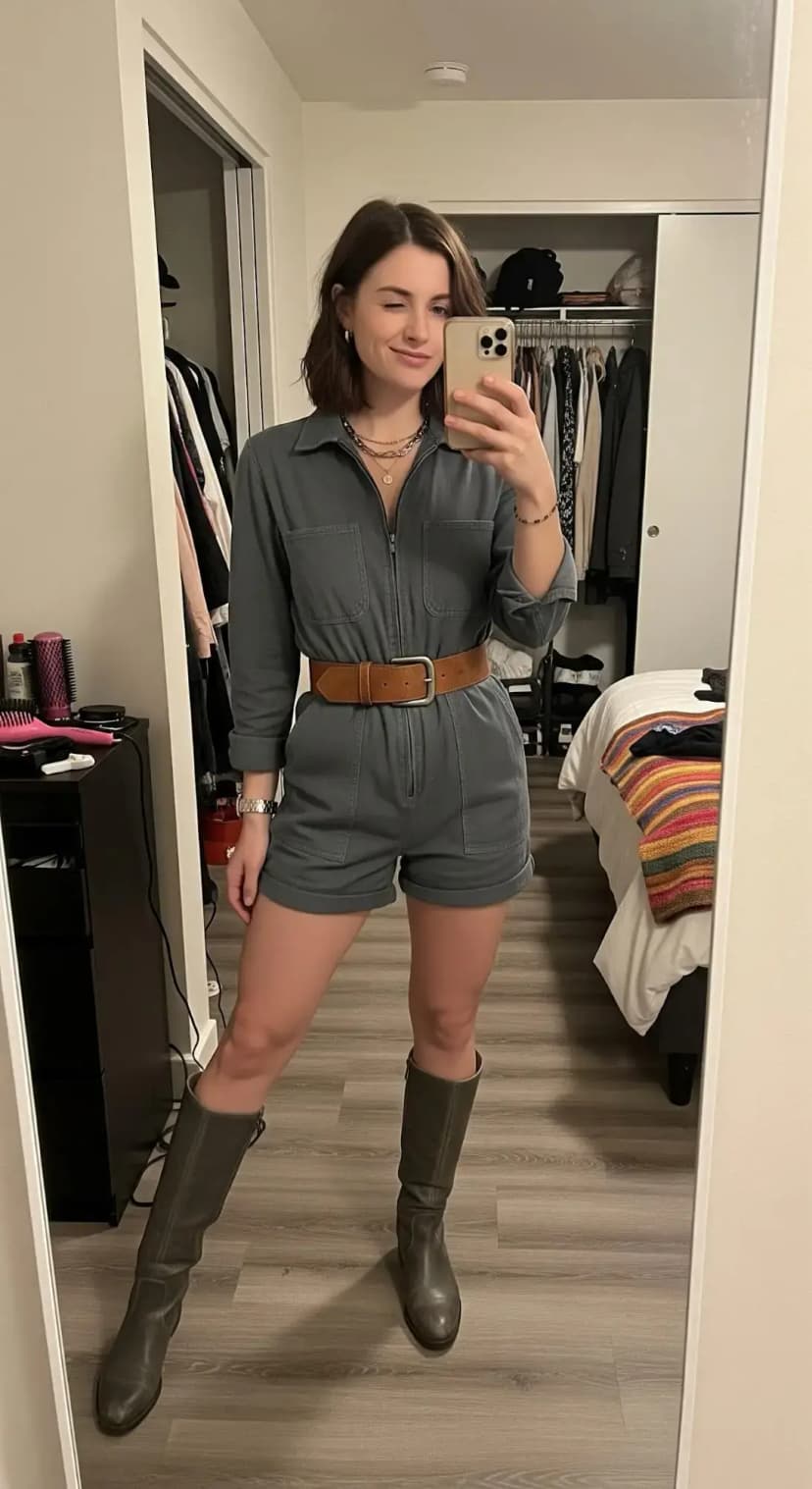 Olive Green Jumpsuit + Wide Leather Belt + Grey Tall Boots