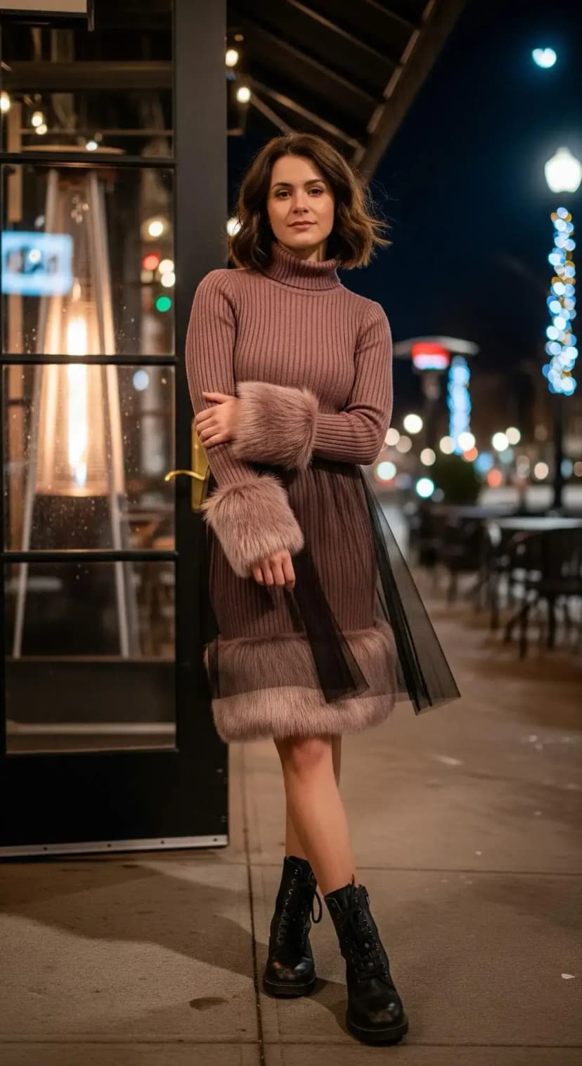 Mauve Ribbed Turtleneck Dress + Fur Trim + Black Combat Boots