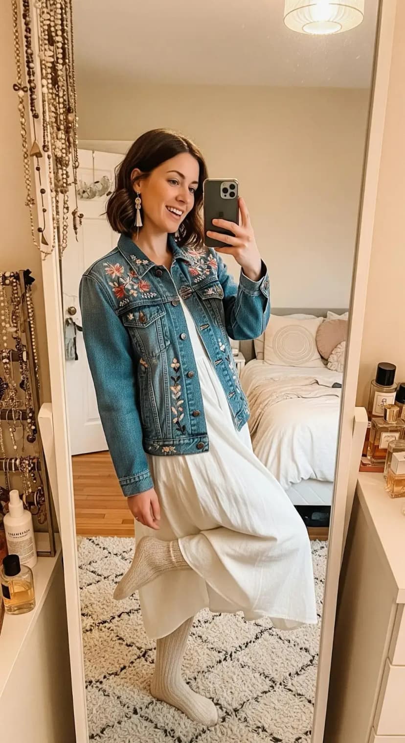 Embroidered Denim Jacket + White Flowy Maxi Dress + Cream Boots