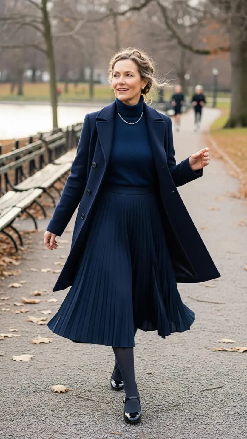Navy Coat + Blue Turtleneck + Pleated Skirt + Black Mary Janes