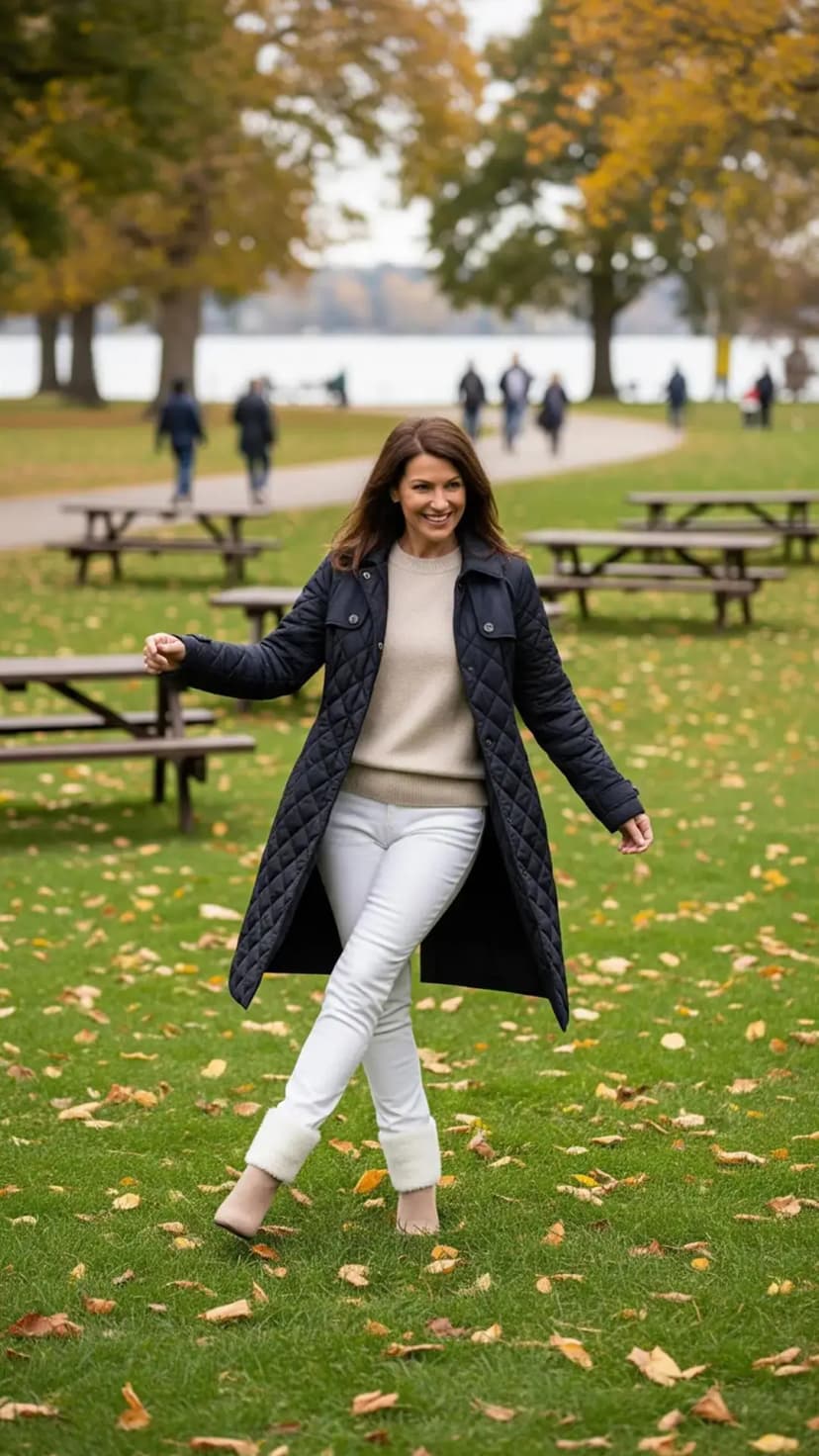 Navy Quilted Coat + Beige Sweater + White Jeans + Cream Ankle Boots