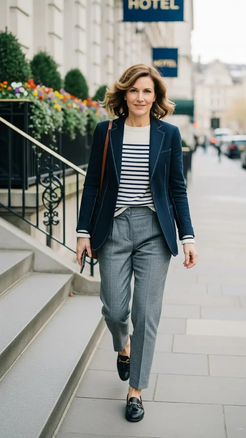 Navy Blazer + Striped Sweater + Grey Trousers + Black Loafers