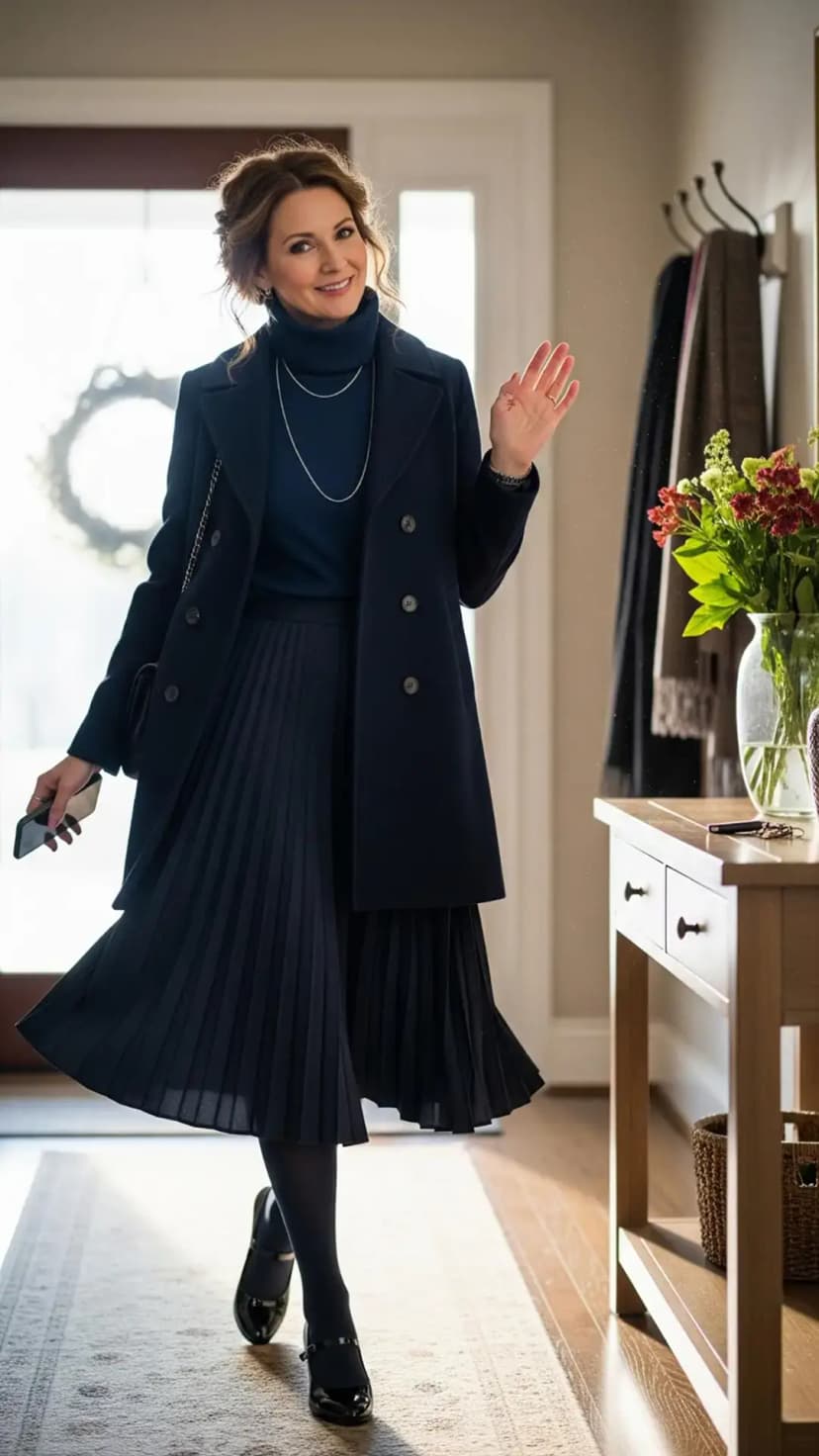 Navy Coat + Blue Turtleneck + Pleated Skirt + Black Mary Janes