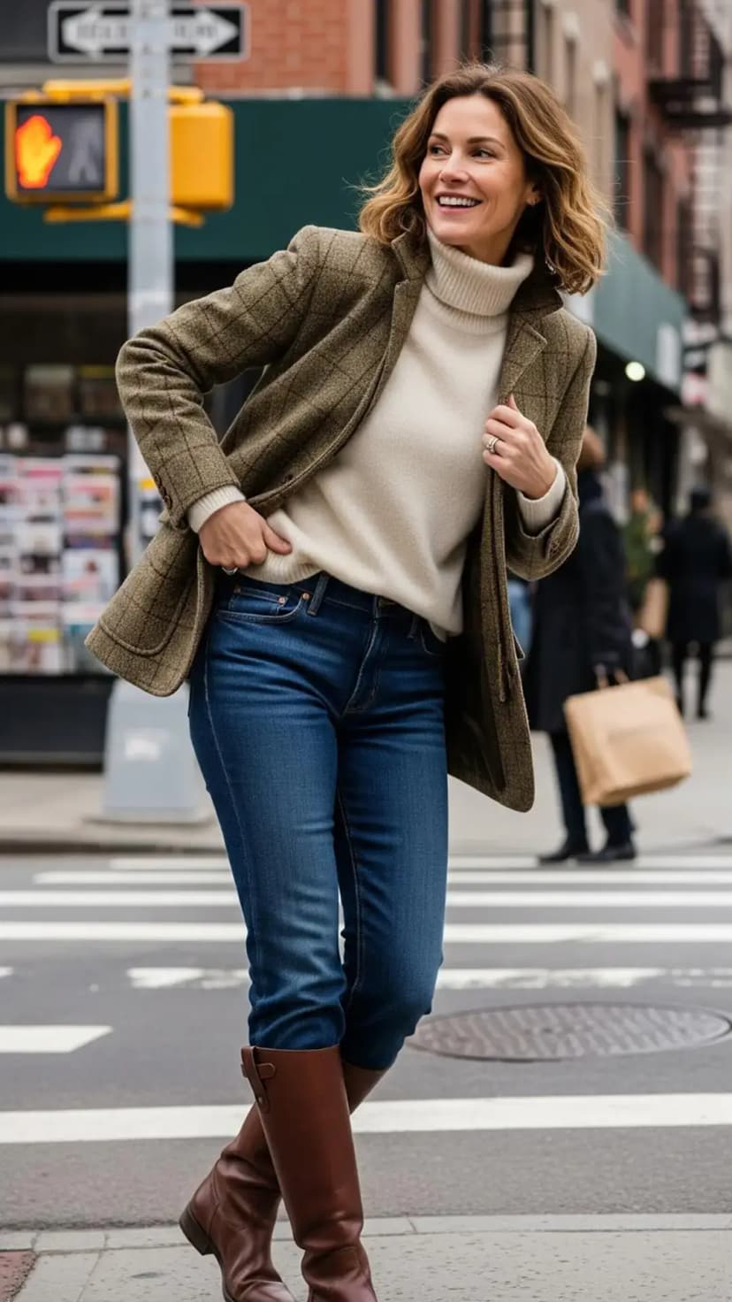 Green Plaid Blazer + Cream Turtleneck + Skinny Jeans + Brown Knee Boots