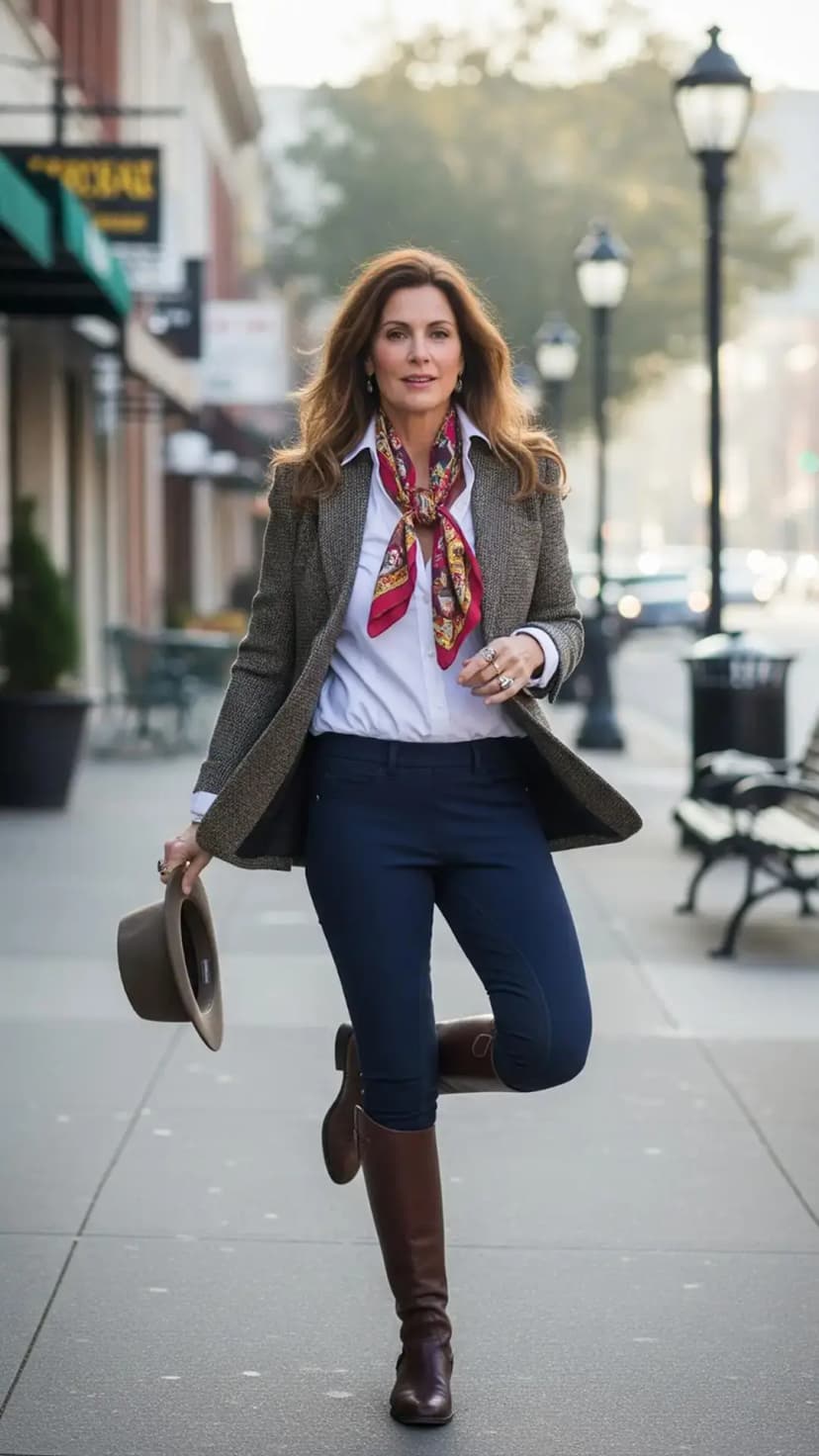 Tweed Blazer + White Shirt + Navy Skinny Pants + Brown Riding Boots + Patterned Scarf