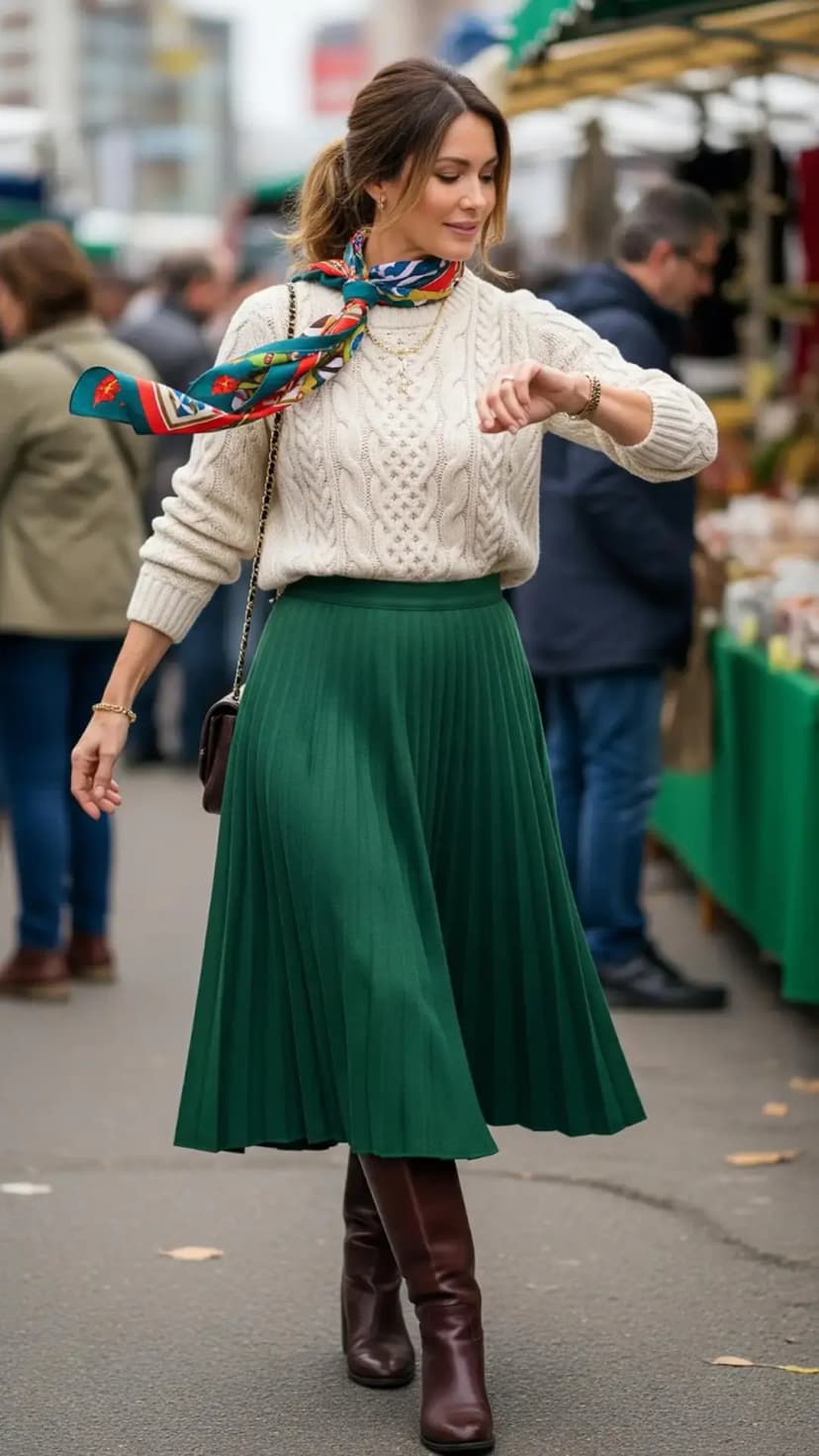 Cream Cable Knit Sweater + Green Pleated Skirt + Colorful Scarf + Brown Boots