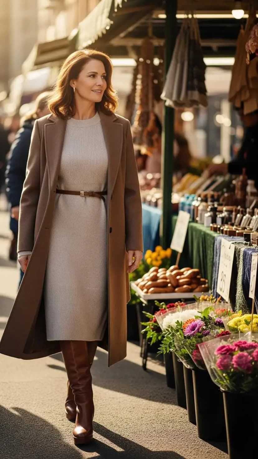 Taupe Coat + Ribbed Sweater Dress + Brown Belt + Brown Knee Boots