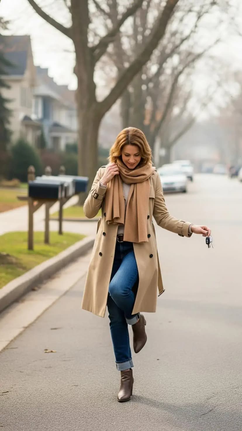 Camel Trench Coat + Beige Sweater + Blue Jeans + Brown Ankle Boots + Tan Scarf