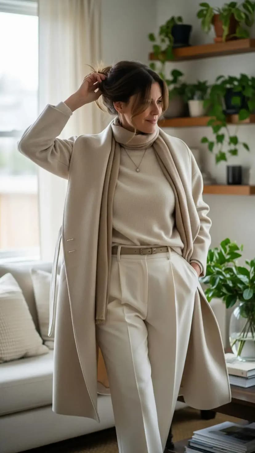 Beige Wrap Coat + Cream Turtleneck Sweater + Cream Trousers + Pendant Necklace
