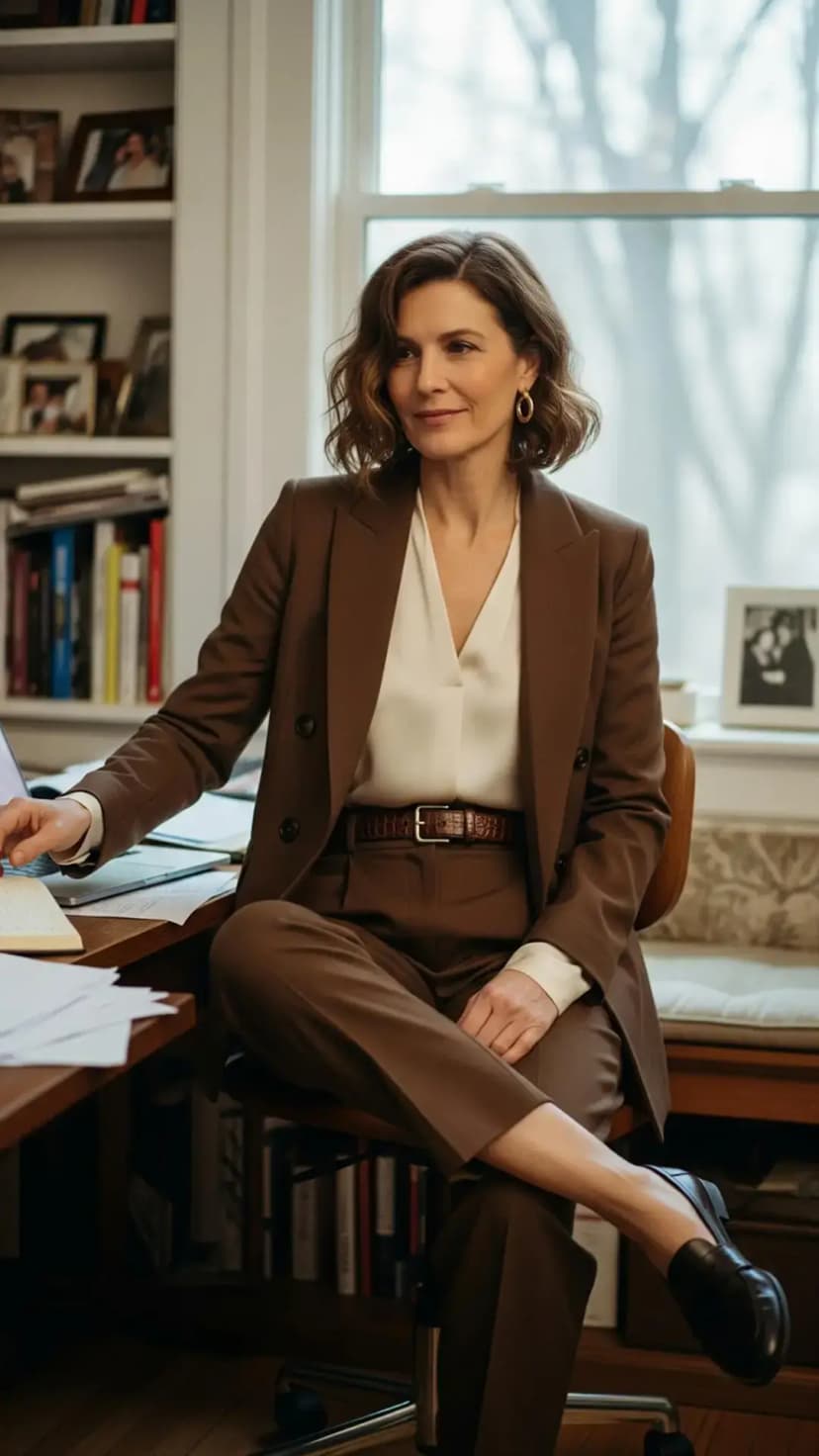 Brown Blazer + Cream Blouse + Brown Trousers + Black Loafers