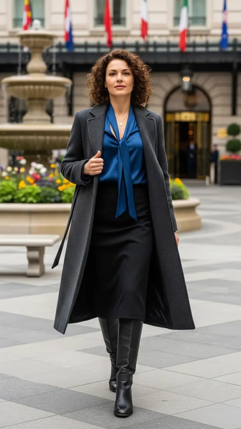 Grey Overcoat + Blue Tie-Neck Blouse + Black Midi Skirt + Black Knee Boots