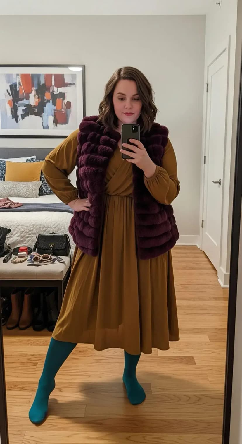 Mustard Midi Dress + Plum Faux Fur Vest + Teal Tights