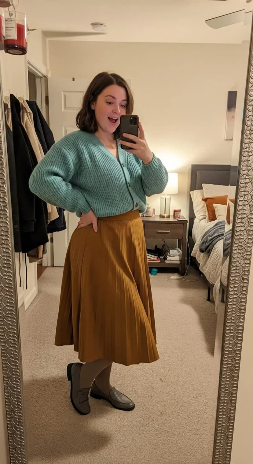 Teal Knit Cardigan + Gold Pleated Midi Skirt + Grey Loafers
