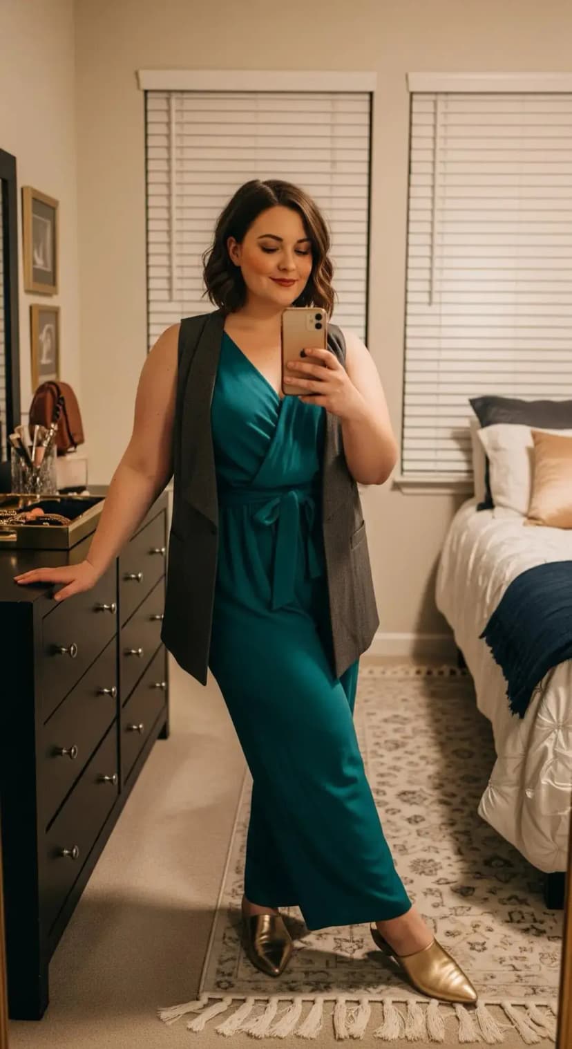 Teal Satin Jumpsuit + Charcoal Sleeveless Blazer + Gold Pointed Mules