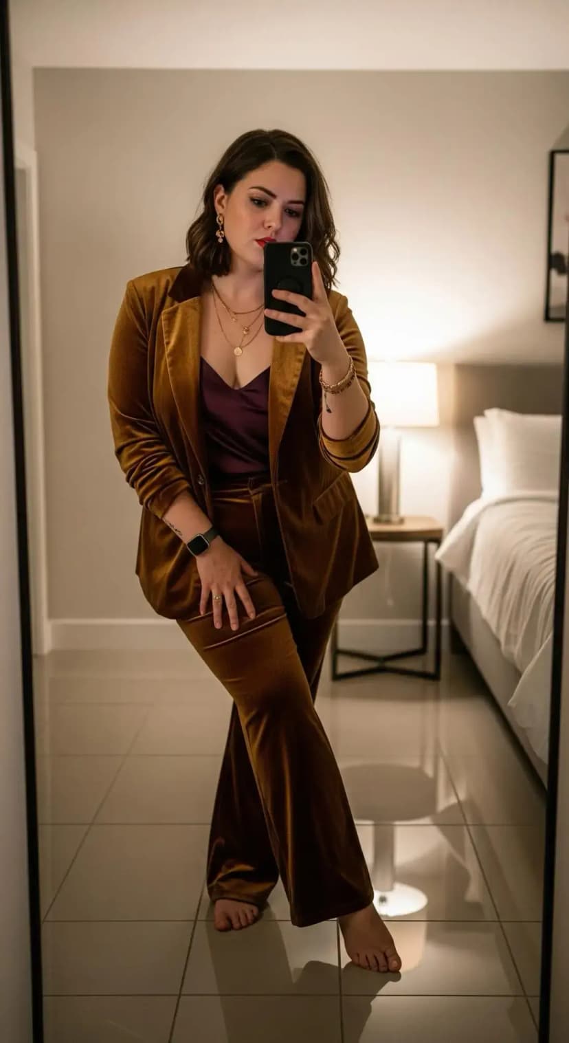 Gold Velvet Suit Set + Plum Satin Cami