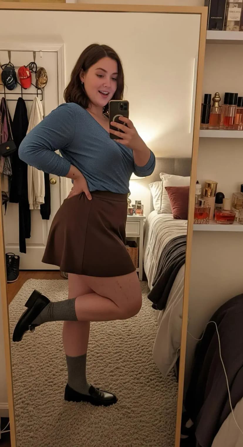 Blue Sparkle Long Sleeve Top + Brown Knit Mini Skirt + Grey Socks + Black Loafers