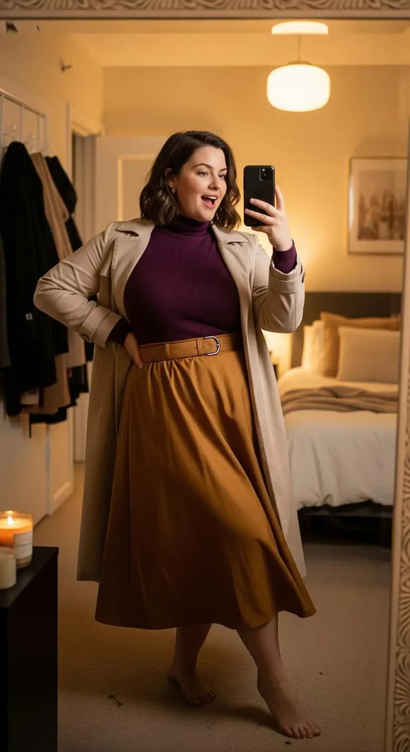 Purple Ribbed Turtleneck + Tan Midi Skirt + Beige Trench Coat