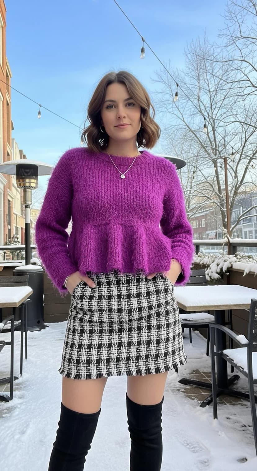 Purple Fuzzy Peplum Sweater + Black and White Plaid Mini + Black Over-the-Knee Boots