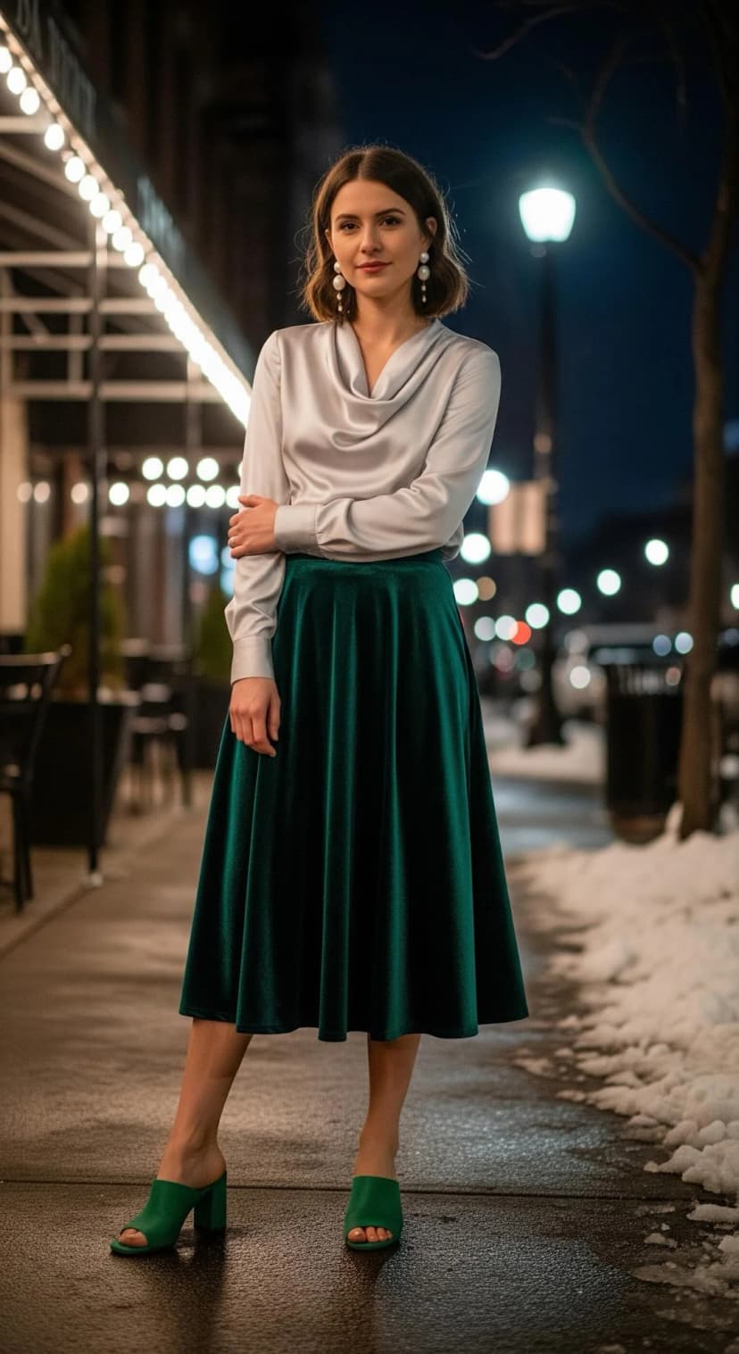 Silver Satin Blouse + Emerald Velvet Midi Skirt + Green Block Heel Mules