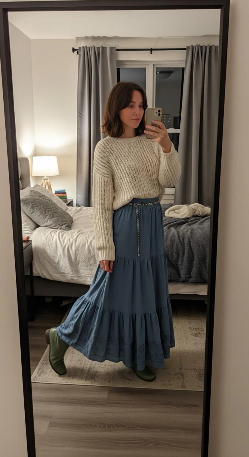 Cream Knit Sweater + Blue Maxi Skirt + Olive Ankle Boots