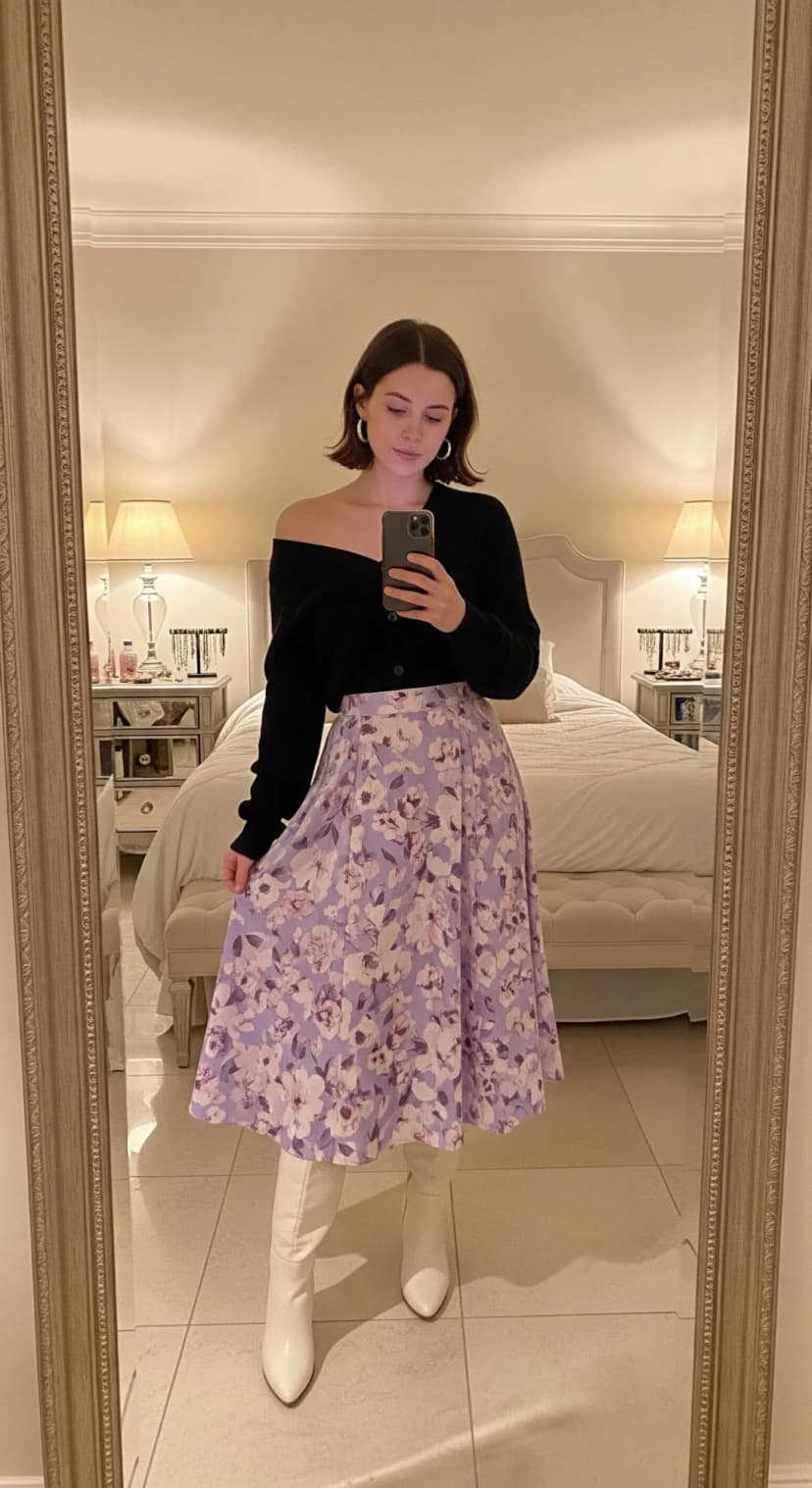 Black Knit Cardigan + Lavender Floral Midi Skirt + White Knee High Boots
