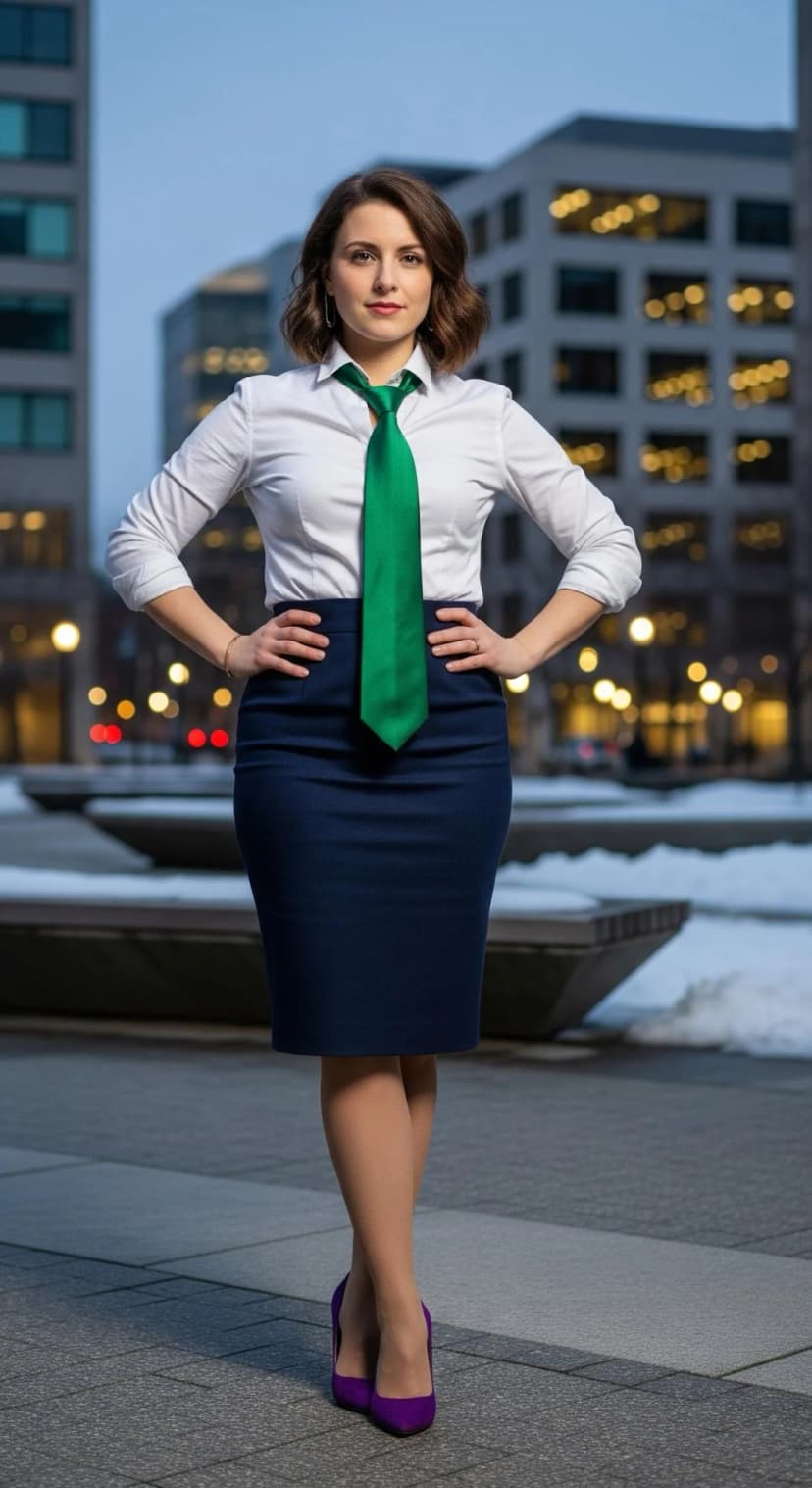 White Poplin Shirt + Navy Pencil Skirt + Green Silk Tie + Purple Suede Pumps