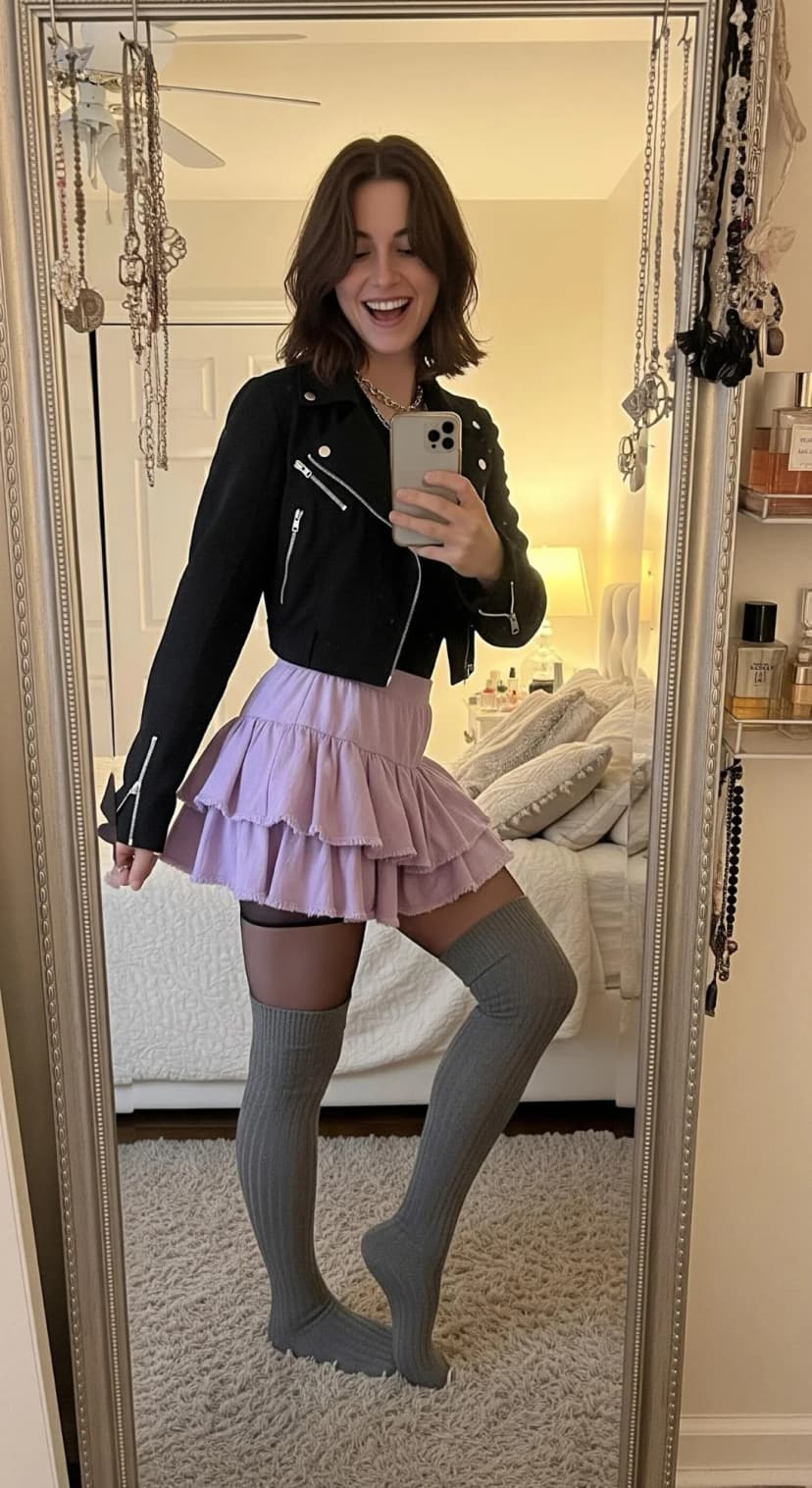 Black Cropped Moto Jacket + Lavender Tiered Mini Skirt + Grey Over-the-Knee Socks