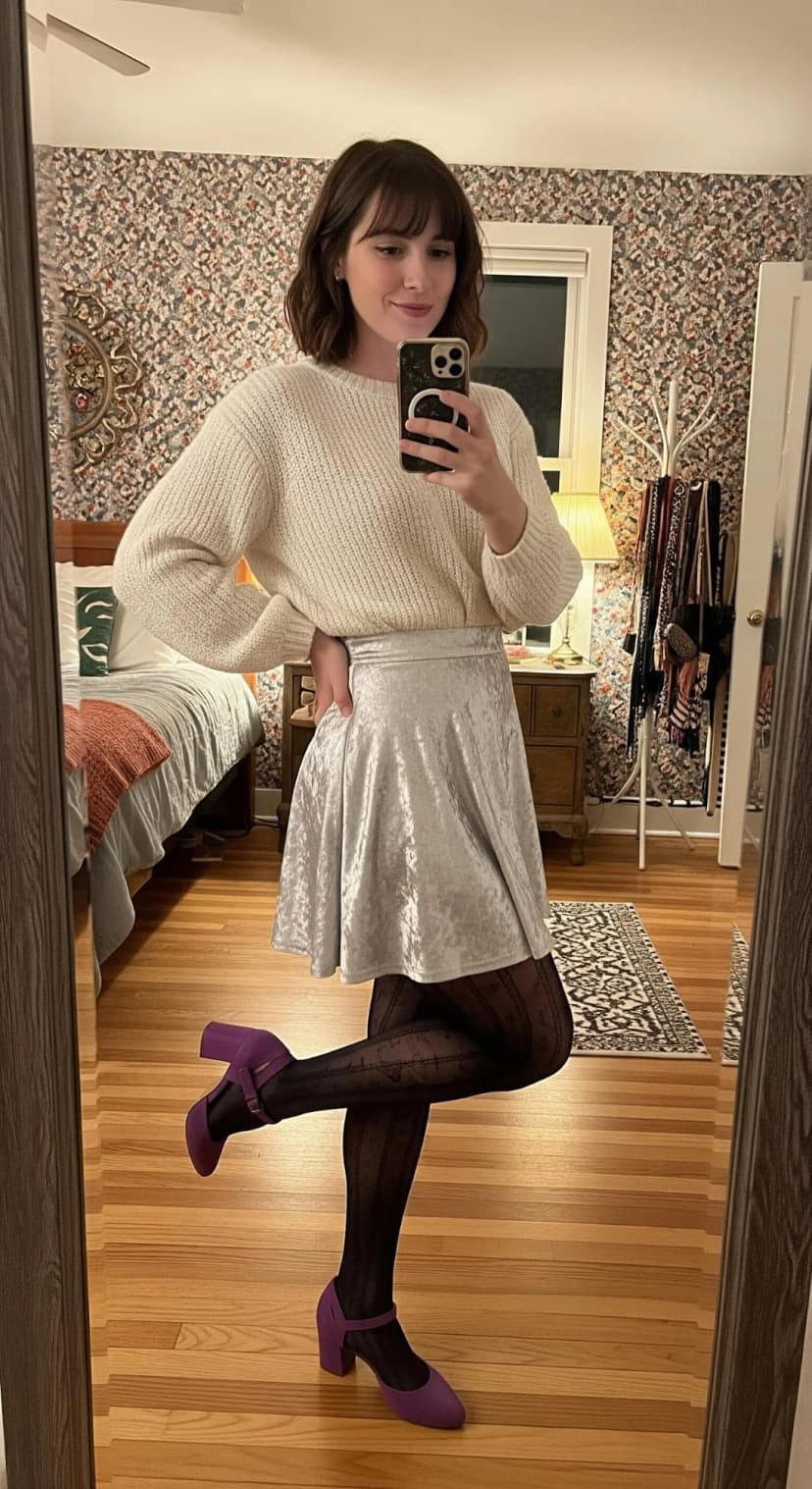 Cream Knit Sweater + Silver Velvet Skirt + Patterned Tights + Purple Suede Heels