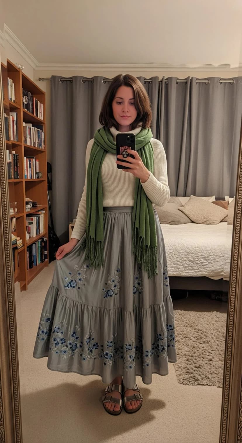 Cream Knit Turtleneck + Grey Embroidered Maxi Skirt + Olive Fringe Scarf