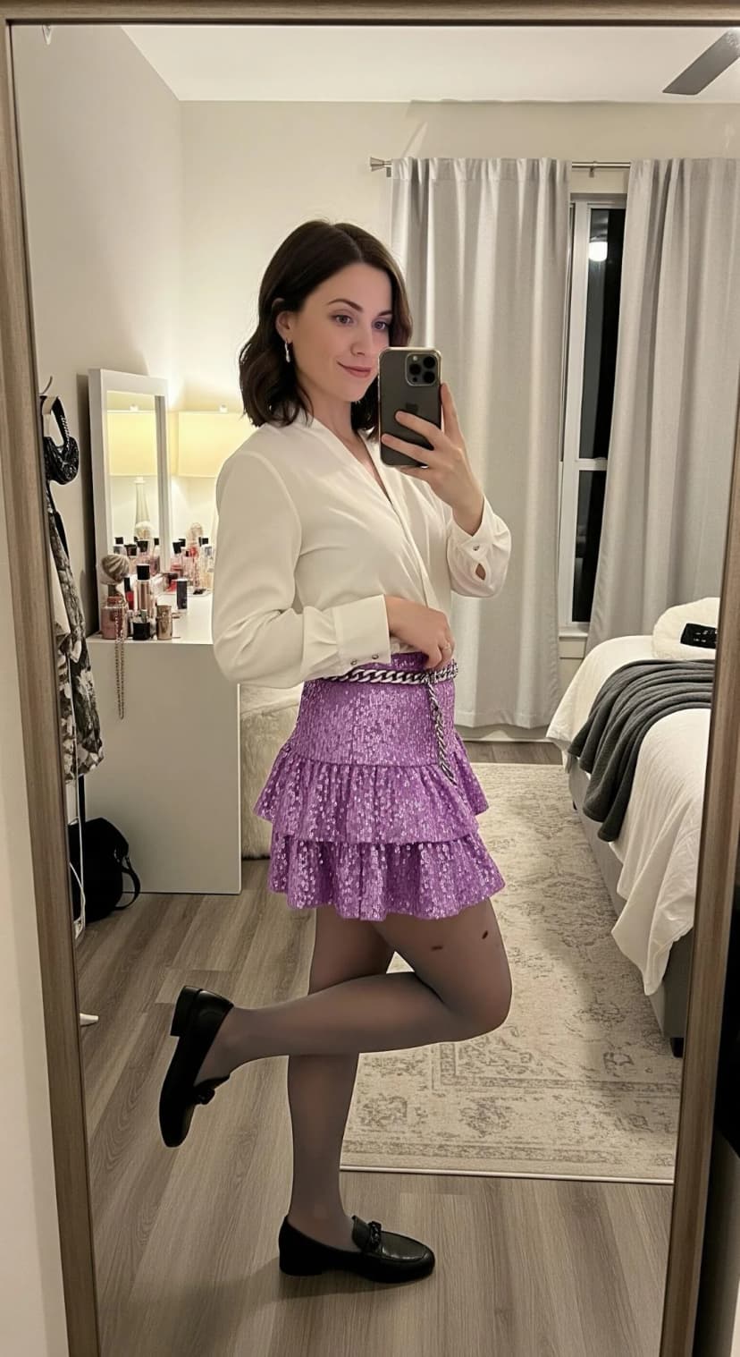 White Blouse + Lavender Sequin Mini Skirt + Grey Tights + Black Loafers