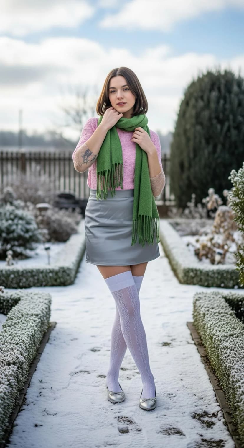 Pink Knit Sweater + Silver Faux Leather Mini Skirt + Green Wool Scarf + White Patterned OTK Socks