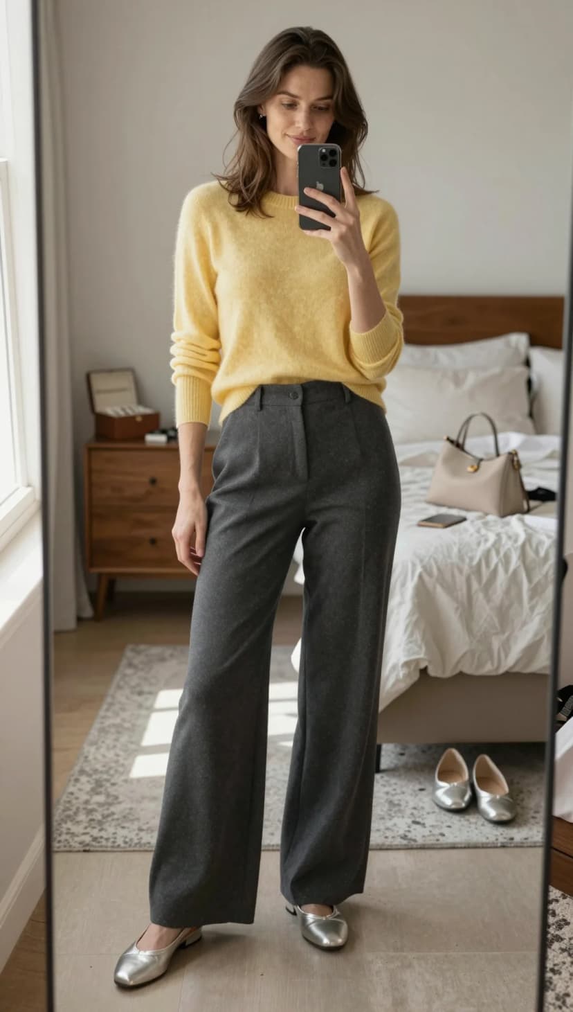 Yellow Mohair Crewneck Sweater + Charcoal Wide-Leg Trousers + Silver Ballet Flats