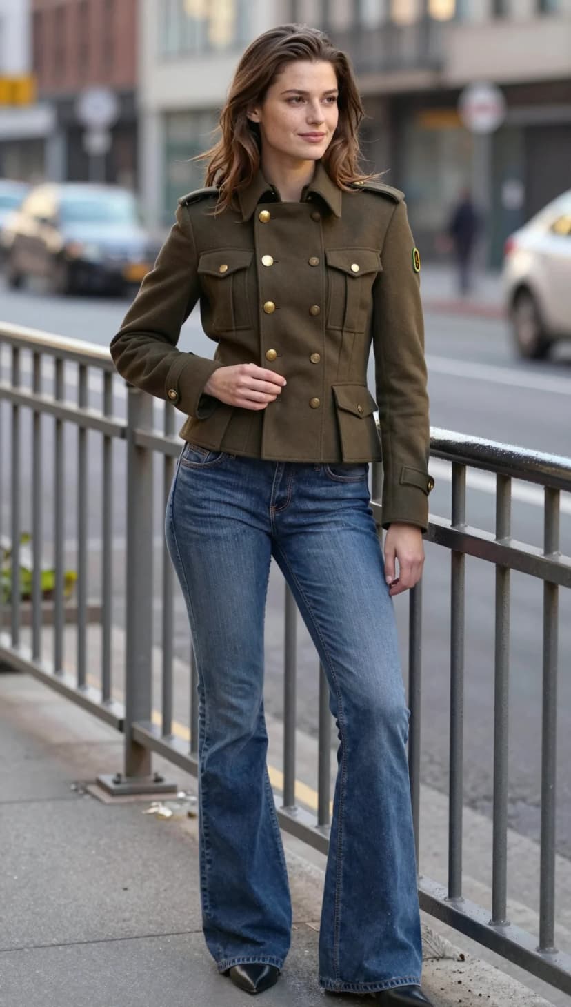 Olive Military Jacket + Blue Flare Jeans + Black Pointed-Toe Heels
