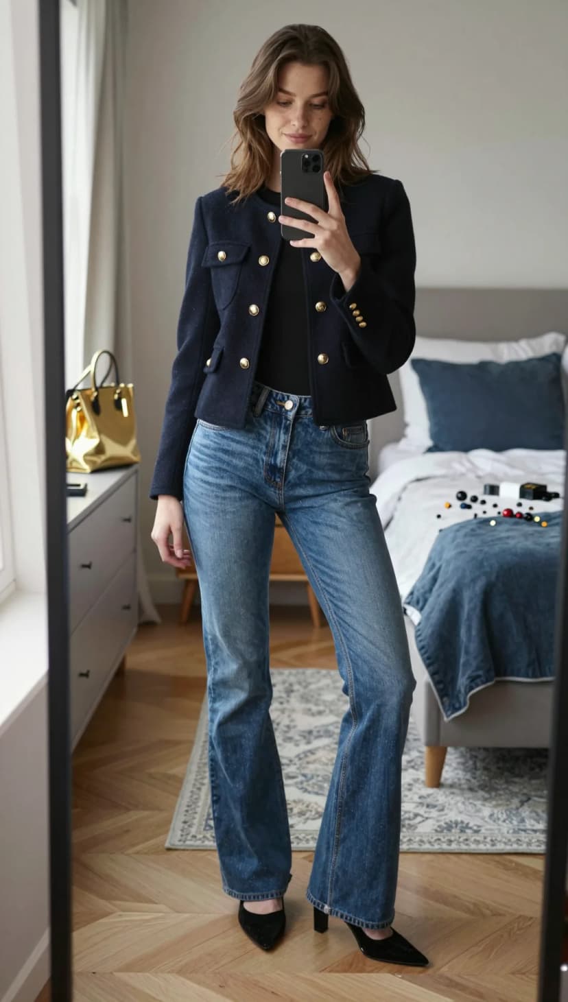 Olive Military Jacket + Blue Flare Jeans + Black Pointed-Toe Heels