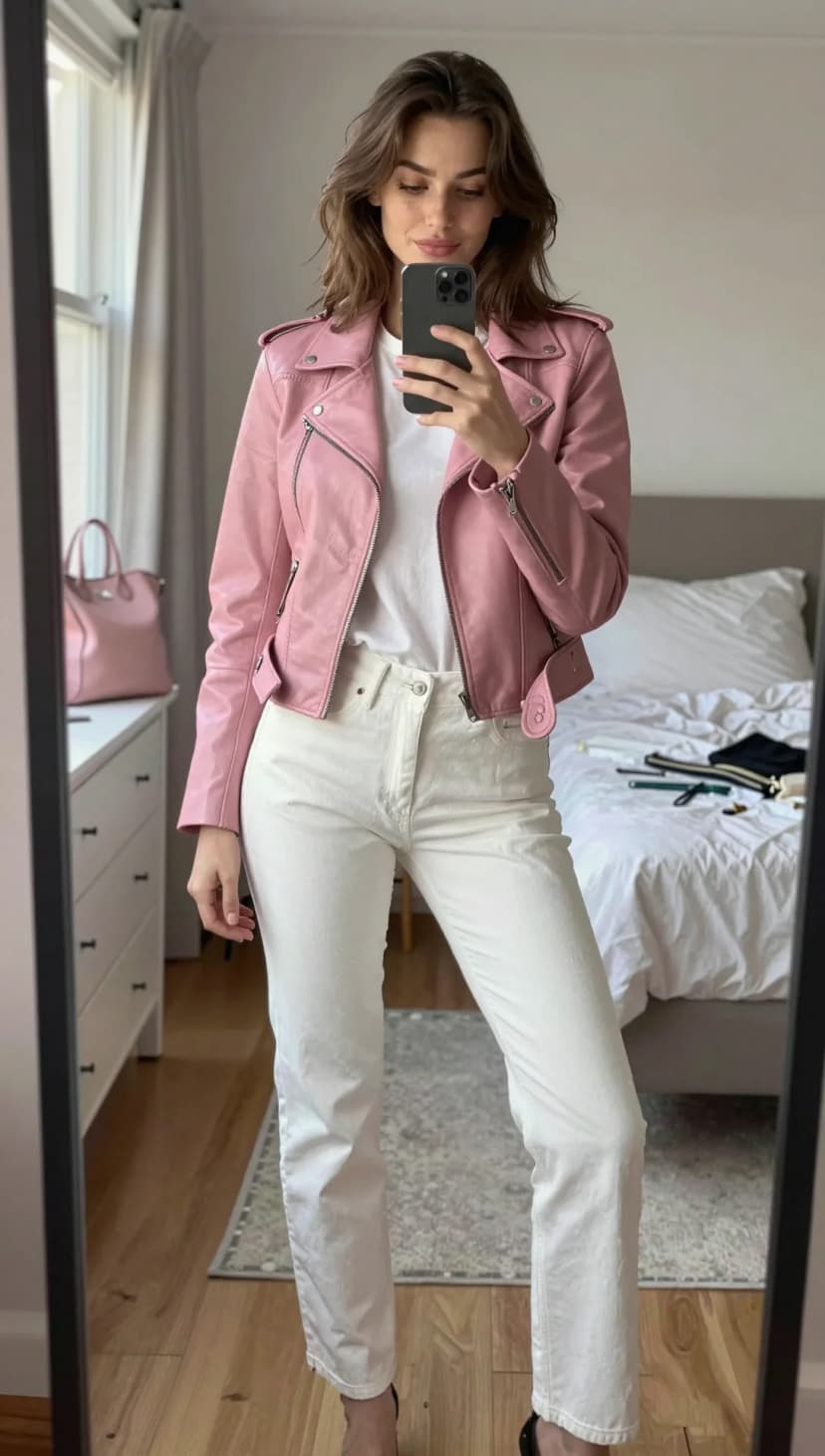 Pink Leather Moto Jacket + White Cotton T-Shirt + White Denim Jeans + Black Heels