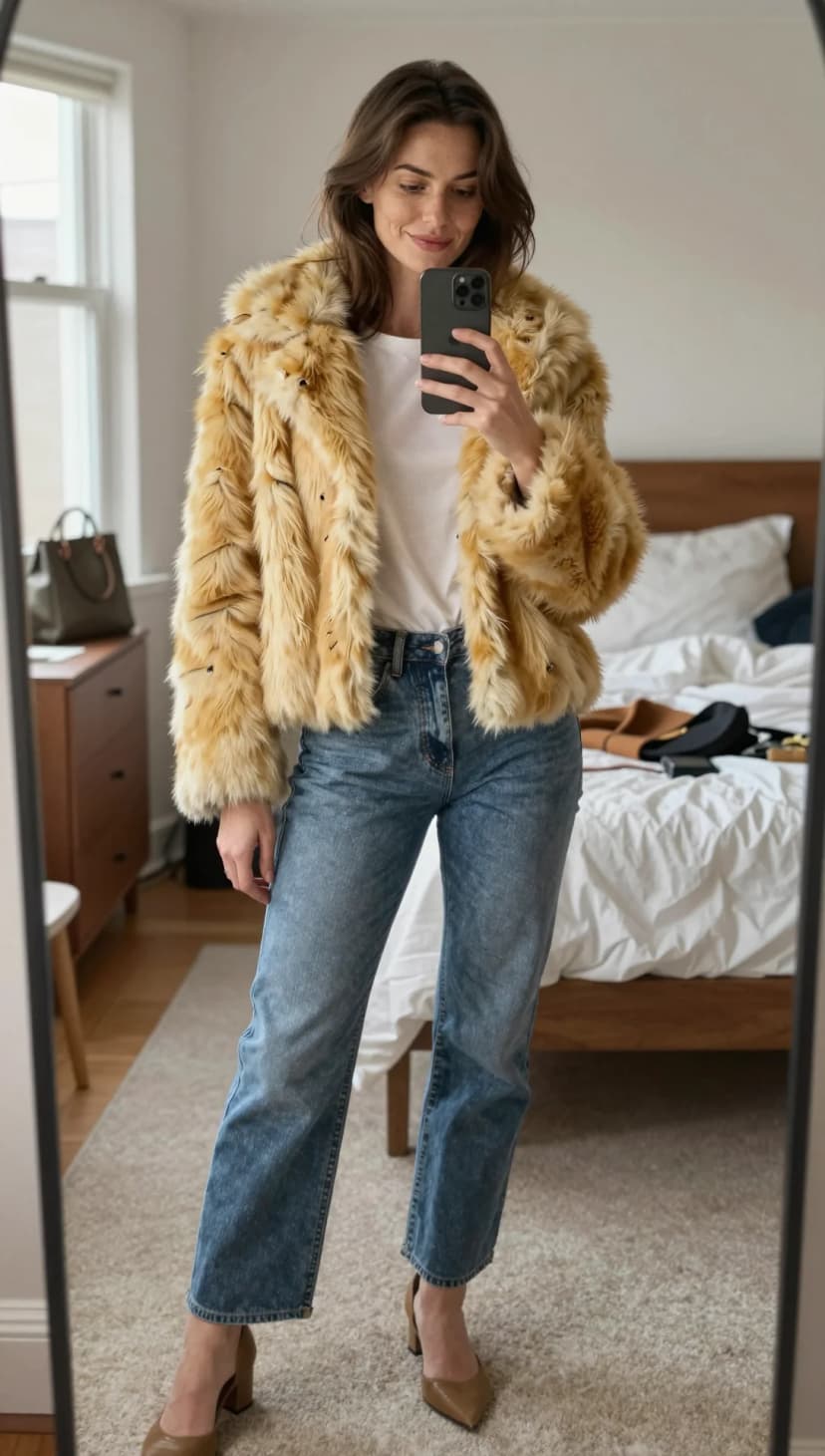 Tan Faux Fur Jacket + White Crew Neck T-Shirt + Blue Straight Leg Jeans + Tan Pointed Toe Heels