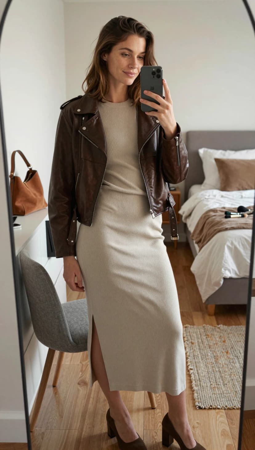 Brown Leather Moto Jacket + Beige Ribbed Knit Midi Dress + Brown Suede Block Heels
