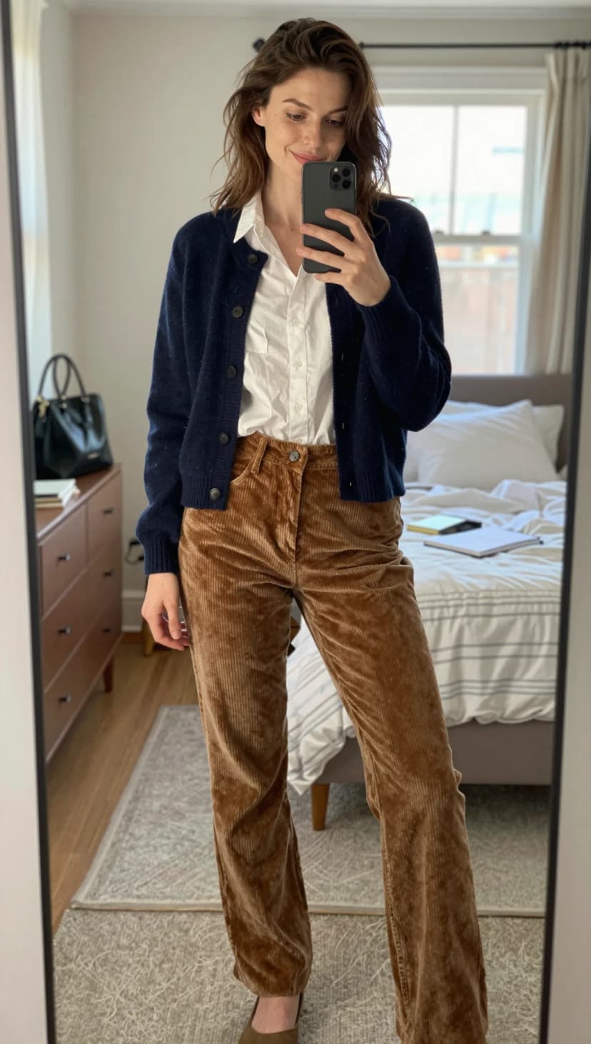 White Button-Down Shirt + Navy Cardigan + Camel Corduroy Trousers + Taupe Heels