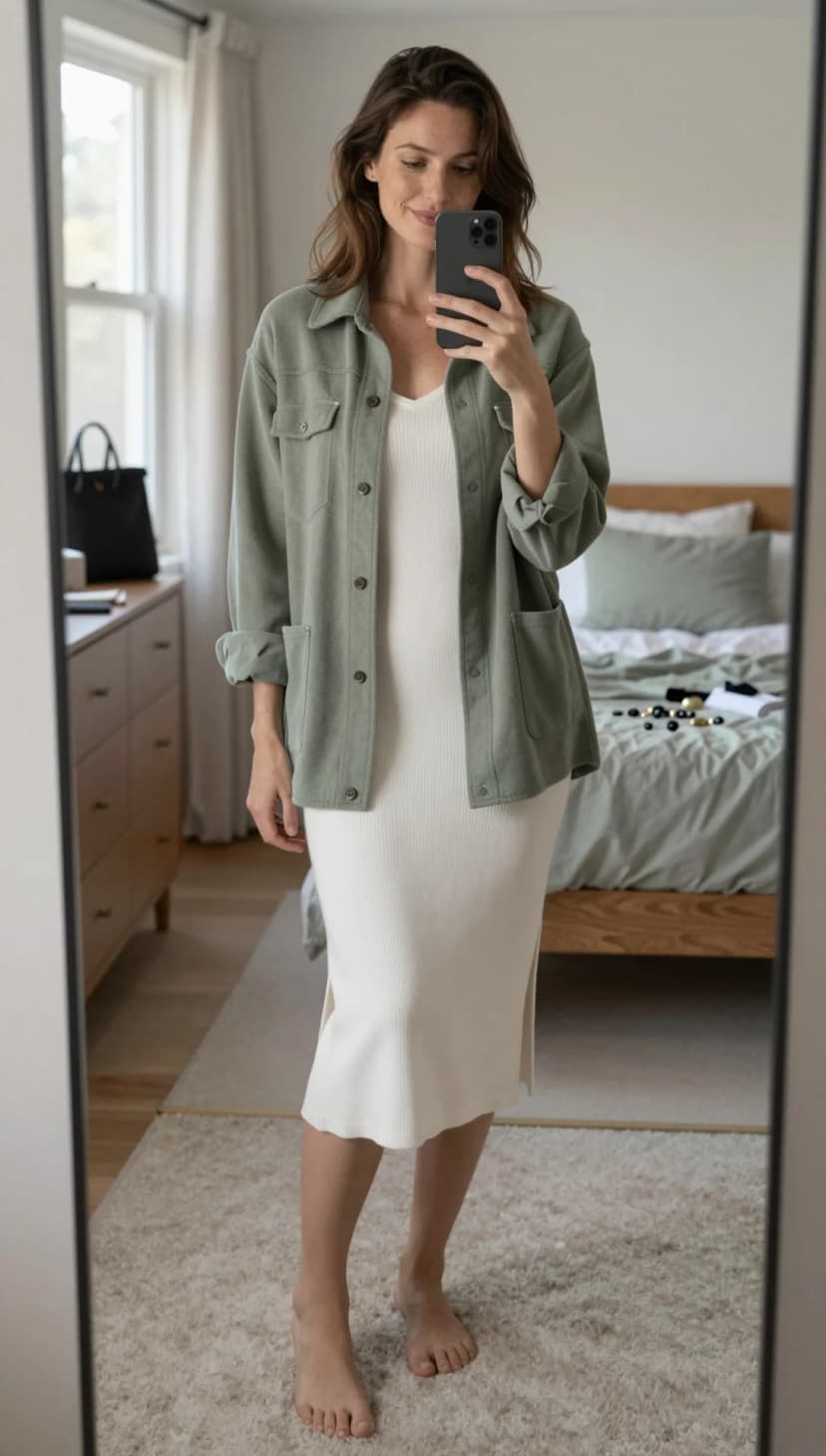 Sage Utility Jacket + Ivory Ribbed Midi Dress