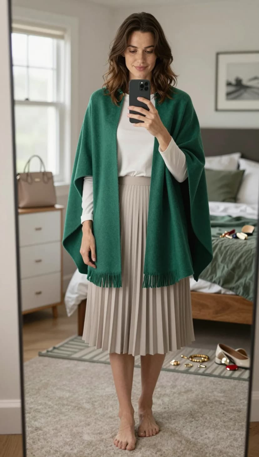Emerald Green Wool Cape + White Long Sleeve Top + Beige Pleated Midi Skirt