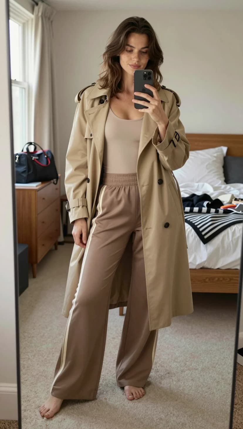 Beige Cotton Trench Coat + Taupe Knit Bodysuit + Brown Striped Wide-Leg Trousers