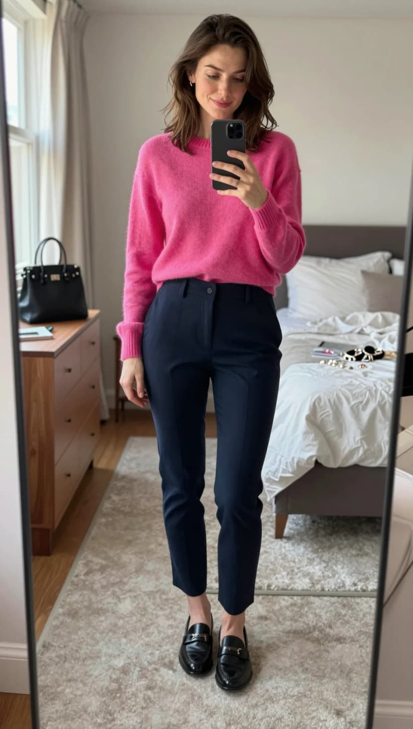 Hot Pink Mohair Sweater + Navy Tailored Trousers + Black Leather Loafers