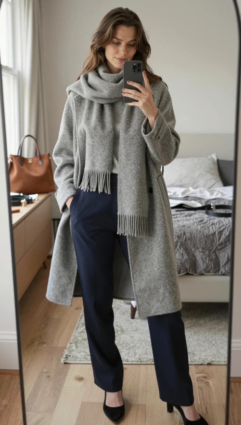 Grey Wool Blend Coat + Grey Knit Scarf + Grey Knit Top + Navy Tailored Trousers + Black Suede Pumps