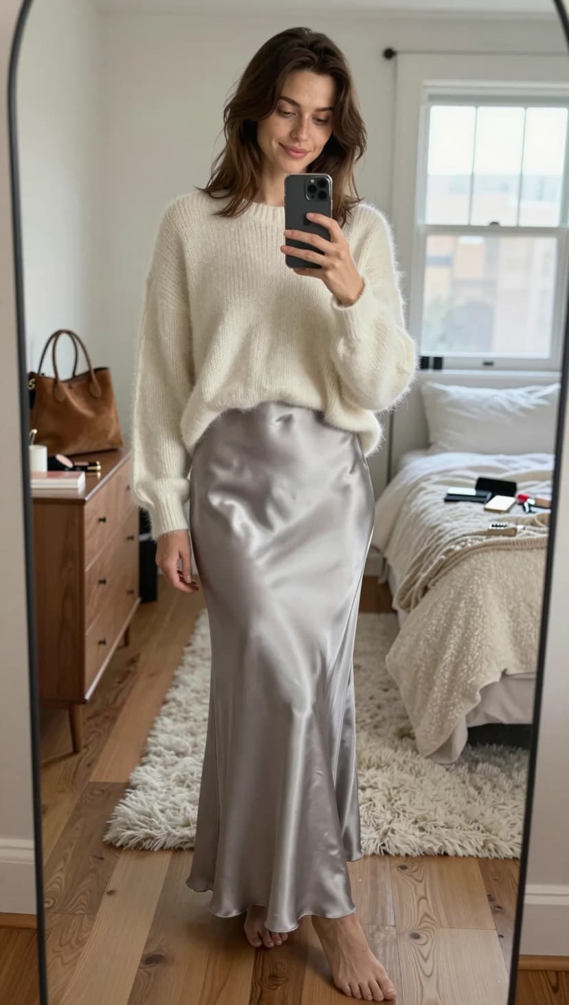 Cream Fuzzy Knit Sweater + Silver Satin Maxi Skirt