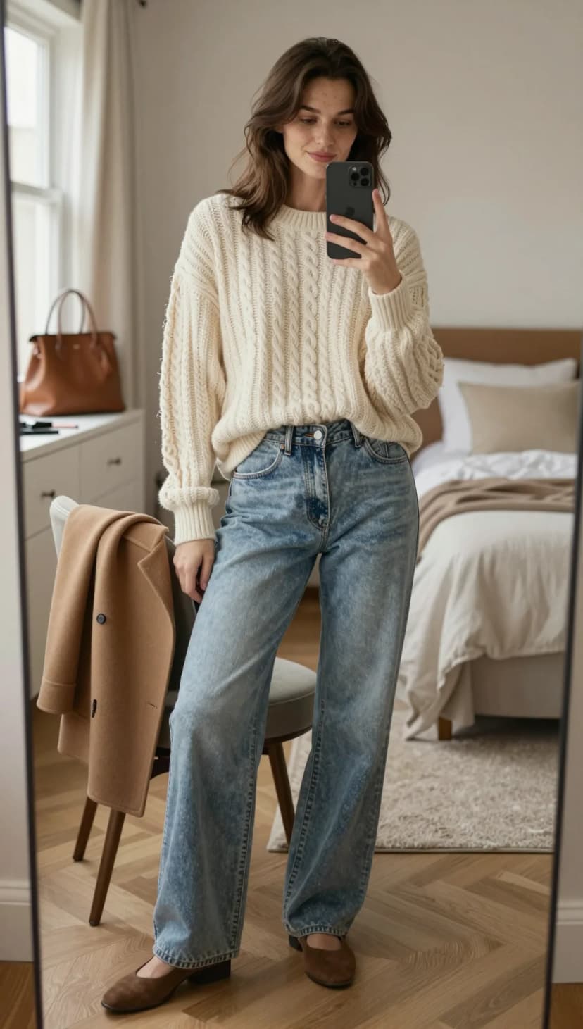 Cream Cable Knit Sweater + Light Wash Wide Leg Jeans + Brown Suede Flats + Camel Wool Coat