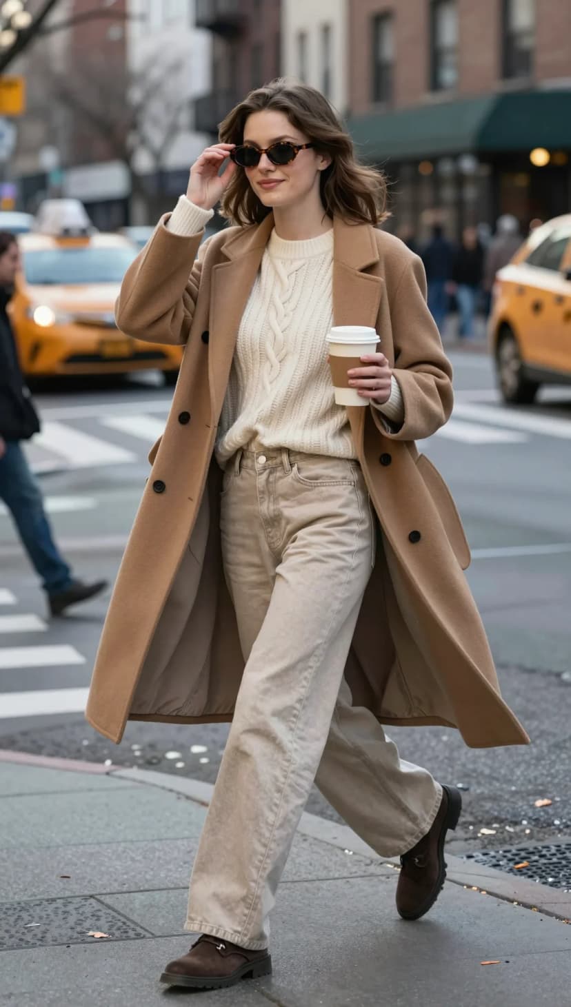 Cream Cable Knit Sweater + Beige Wide-Leg Trousers + Camel Wool Coat + Brown Loafers