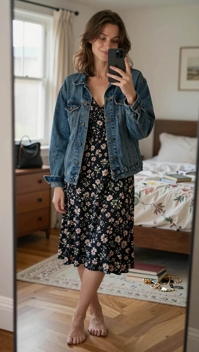 Navy Floral Print Midi Dress + Medium Wash Denim Jacket