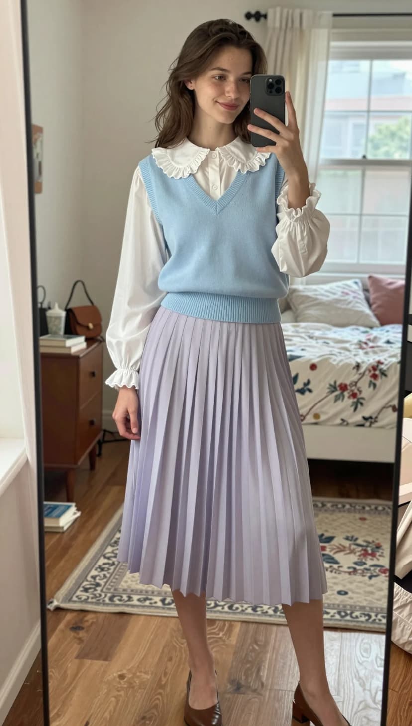 White Ruffled Button-Down Shirt + Light Blue V-Neck Sweater Vest + Lavender Pleated Midi Skirt + Brown Block Heels