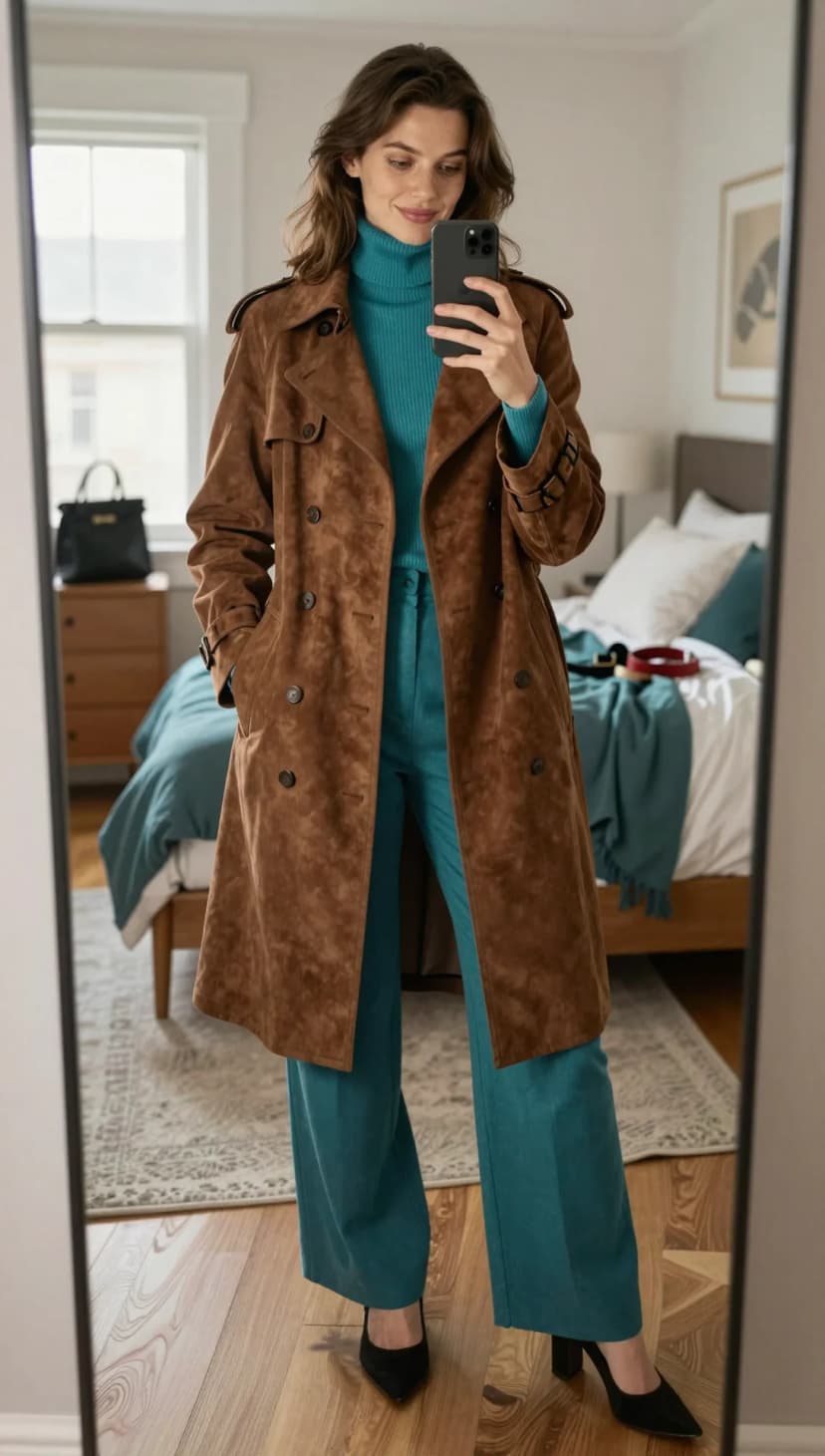 Brown Suede Trench Coat + Teal Ribbed Turtleneck + Teal Wide-Leg Trousers + Black Suede Pumps