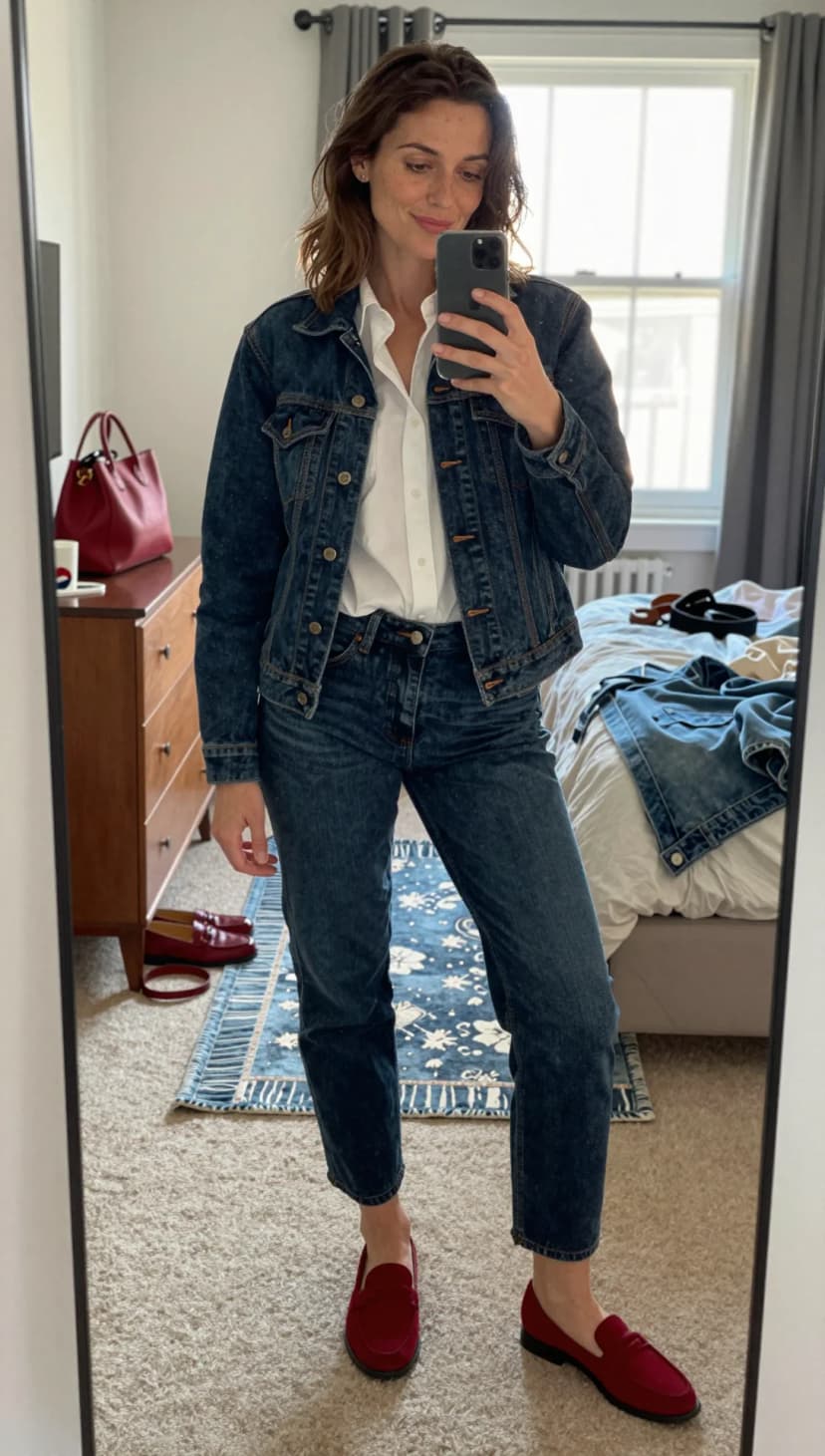 White Button-Down Shirt + Dark Wash Denim Jeans + Dark Wash Denim Jacket + Burgundy Suede Loafers